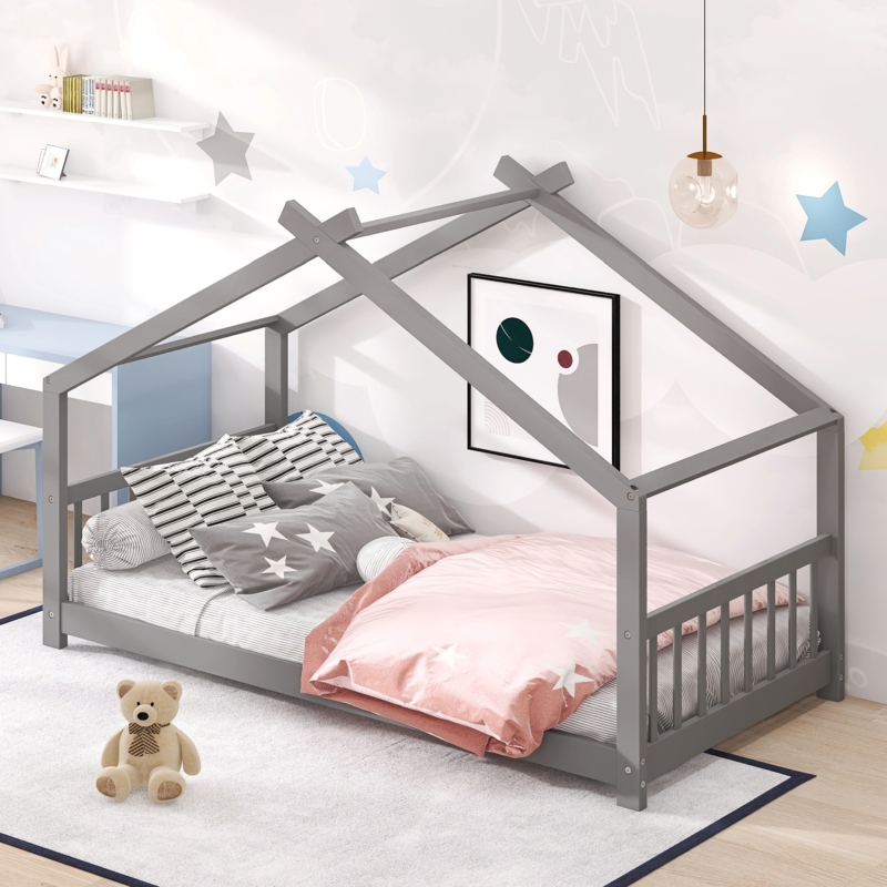 House Canopy Bed Toddler Frame with Slat Headboard in Slate Grey