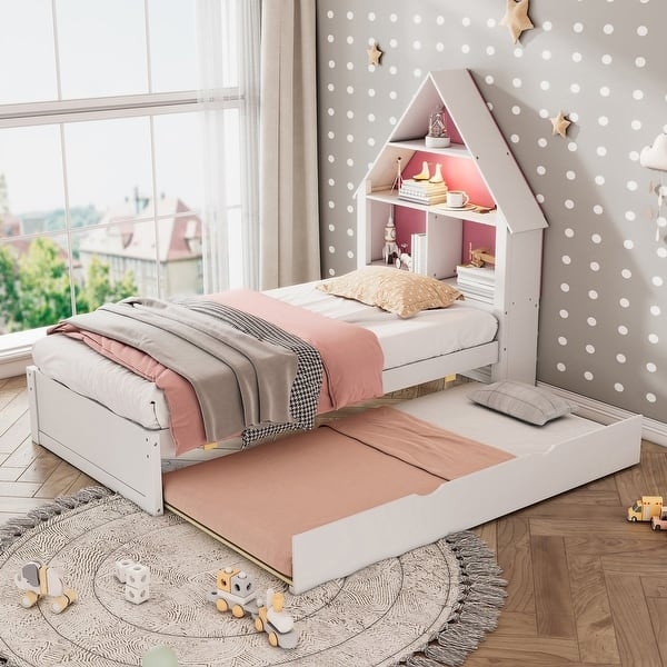 House Headboard Trundle Bed, White with LED Backlighting, Whimsical