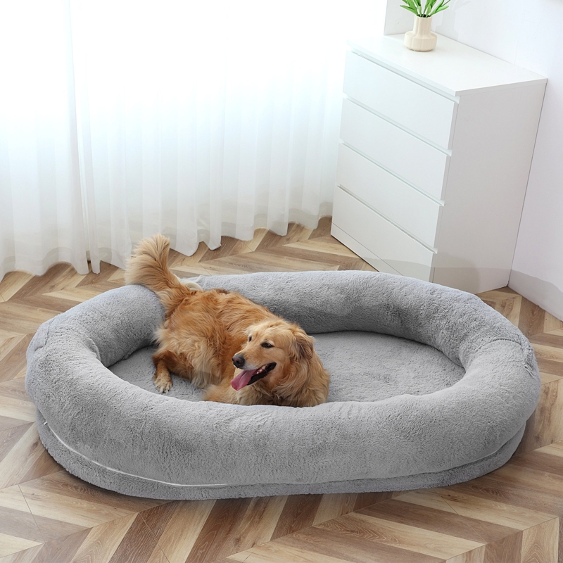 Human Dog Bed Dove Grey Plush Texture Oversized Oval