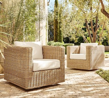 Huntington All-Weather Wicker Square Arm Swivel Outdoor Lounge Chair with Cushion, Gray | Pottery Barn