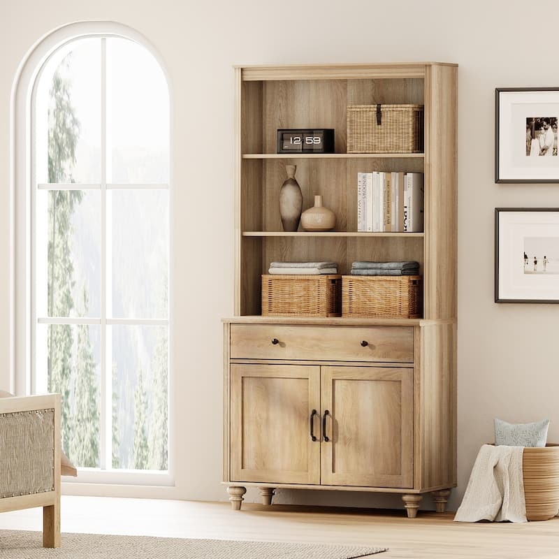 Hutch Bookcase, Shaker Doors, Bun Feet, Black Hardware