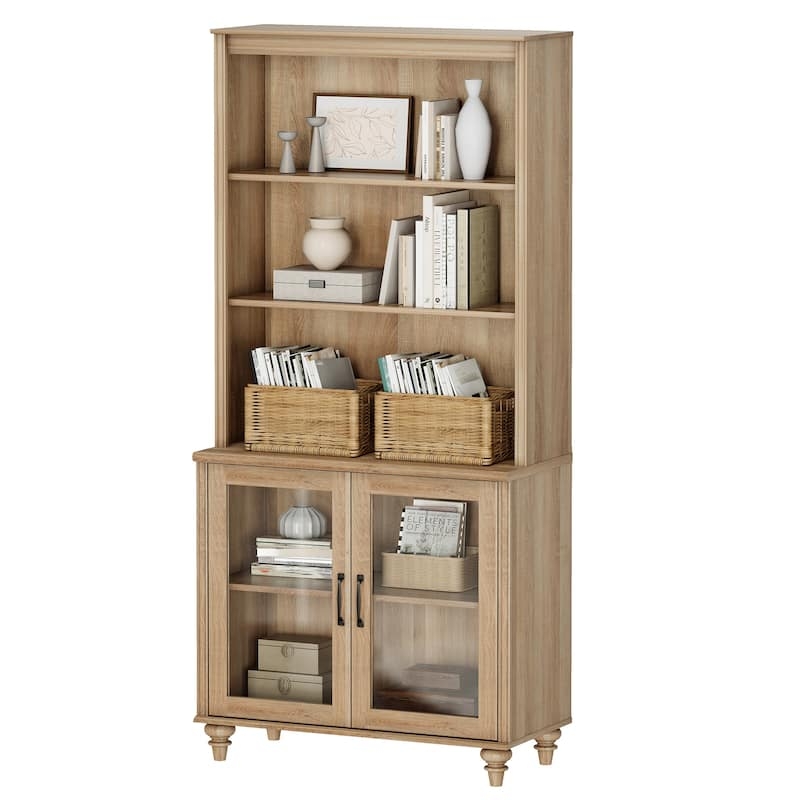 Hutch Bookcase with Glass Cabinet Base, Turned Feet
