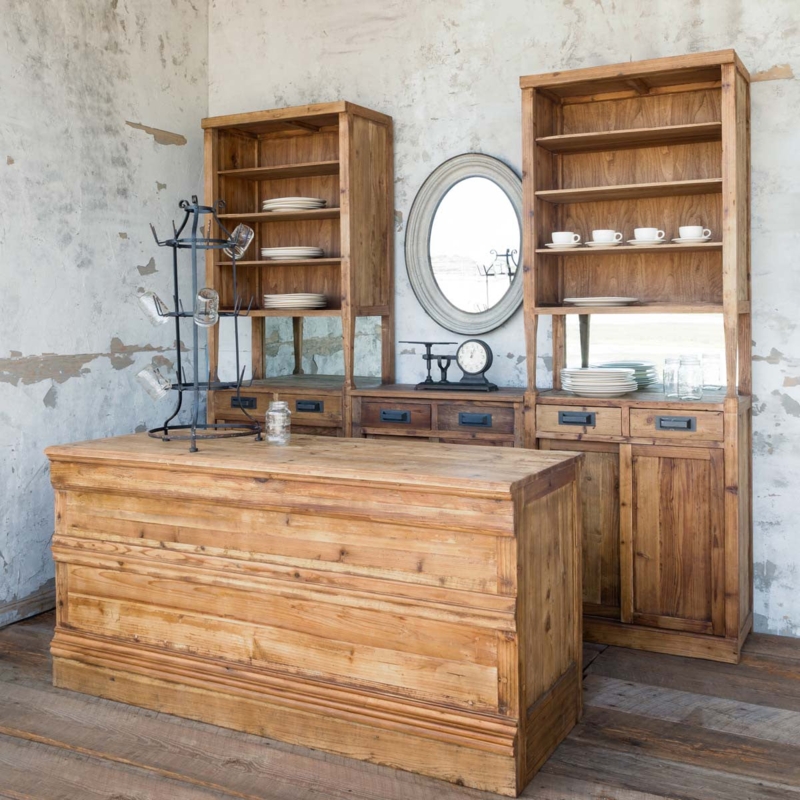 Hutch Cabinet: Rustic Wood With Mirrored Back Panels