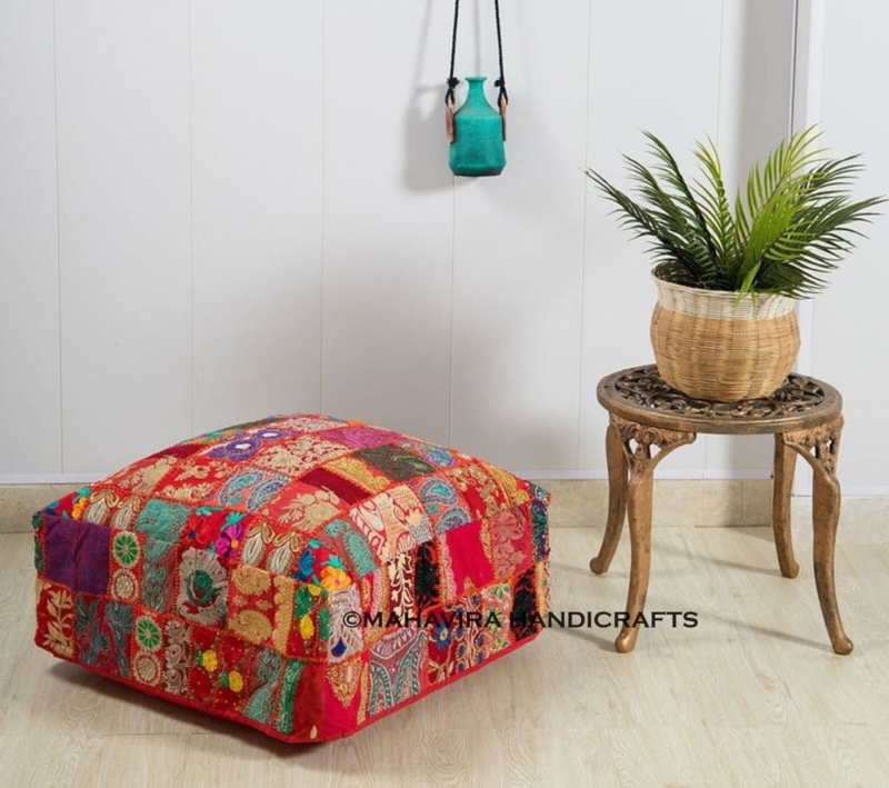 Indian Patchwork Pouf Ottoman: Vintage Handcrafted Embroidery