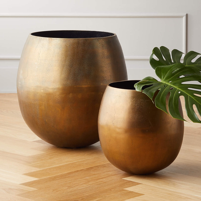Indoor Planter, Aged Brass Rough Cast Spherical Form, Mottled Patina