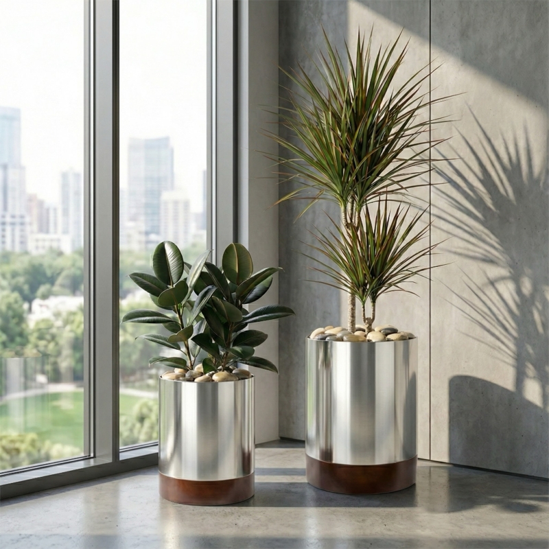 Indoor Planter, Brushed Silver Metal with Dark Wood Two-Tone Base