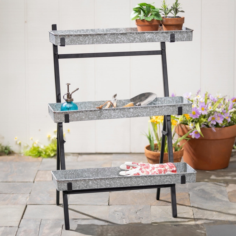 Industrial A-Frame Plant Stand with Galvanized Metal Trays