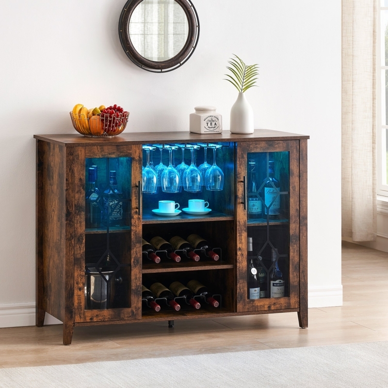 Industrial Bar Cabinet with Diamond Mullion Glass Doors and LED Lights