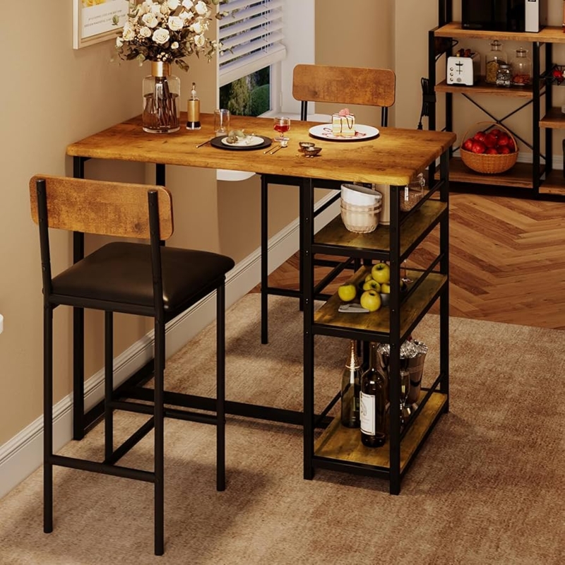 Industrial Bar Table Storage Set Walnut Brown Upholstered Seats