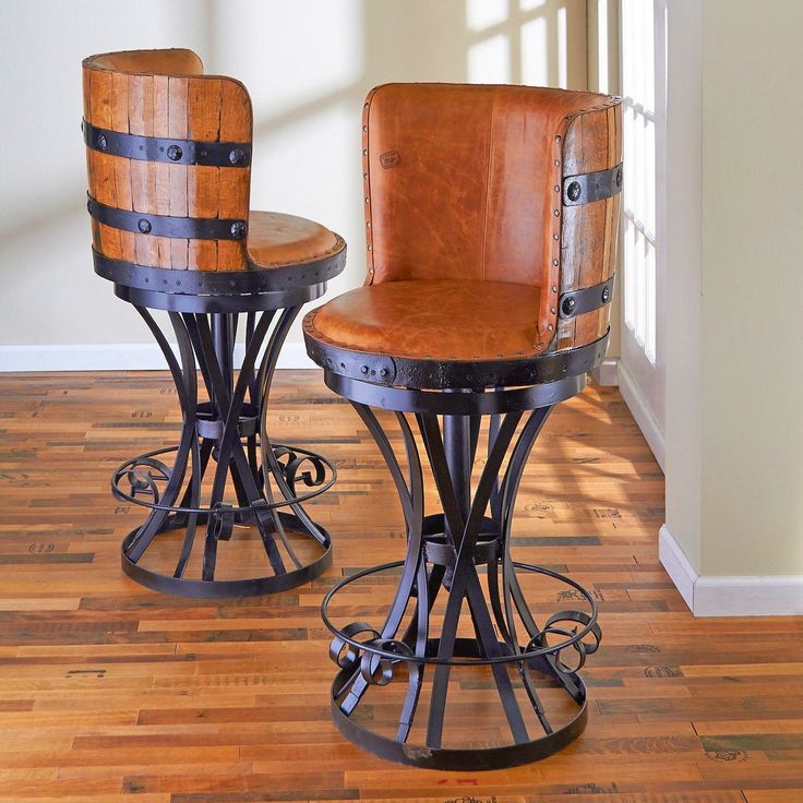 Industrial Barrel Stave Bar Stools with Scroll Detail Footrest