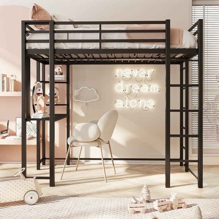 Industrial Black Metal Loft Bed with Desk Workstation