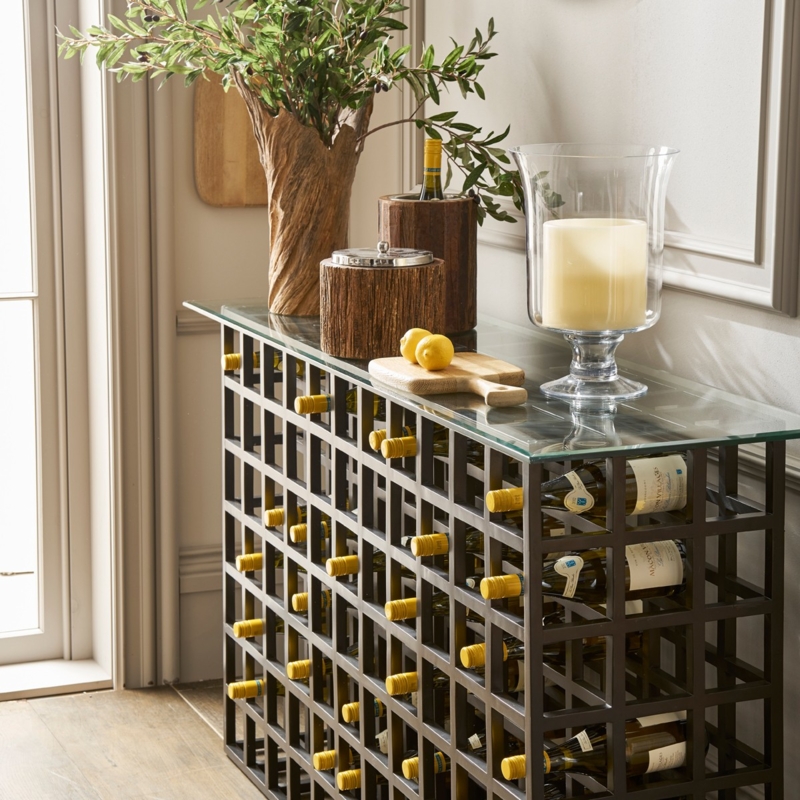 Industrial Black Metal Wine Console with Glass Top and Grid Lattice Frame