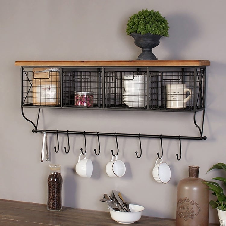 Industrial Coffee Station Shelf with Wood and Metal Combination and Hooks