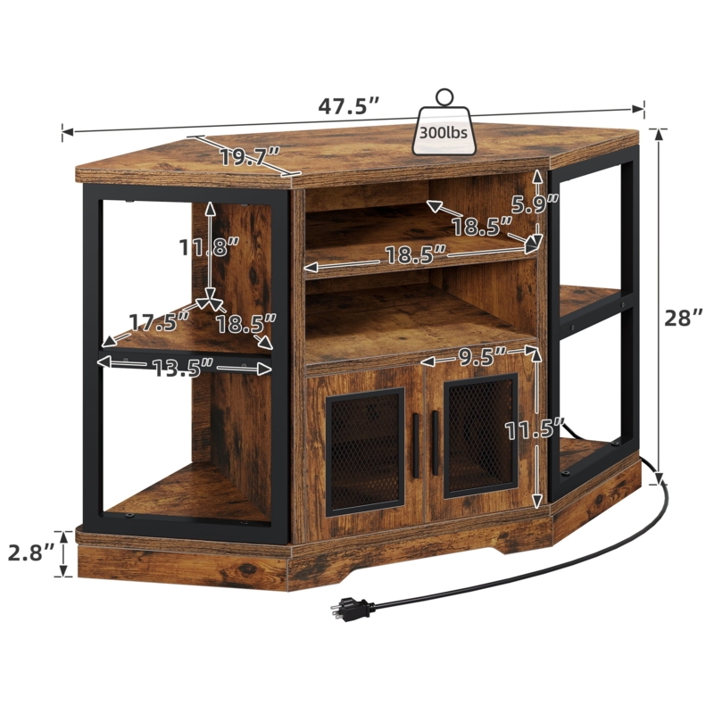 Industrial Corner TV Stand: Rustic Wood Media Console with Mesh Doors