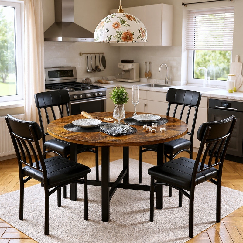 Industrial Dining Set Distressed Wood Top Black Metal X-Base