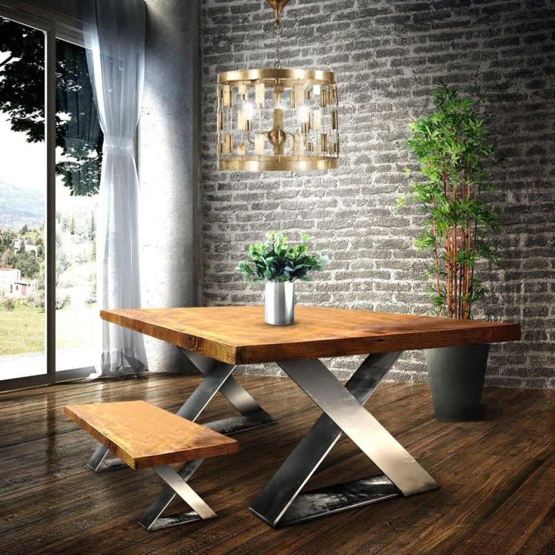 Industrial Dining Table: Chunky Wood Top on Brushed X-Frame Legs