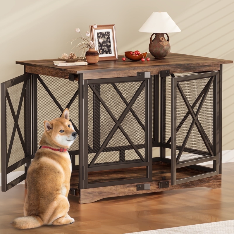 Industrial Dog Crate Furniture with Metal X-Frame Bracing and Mesh