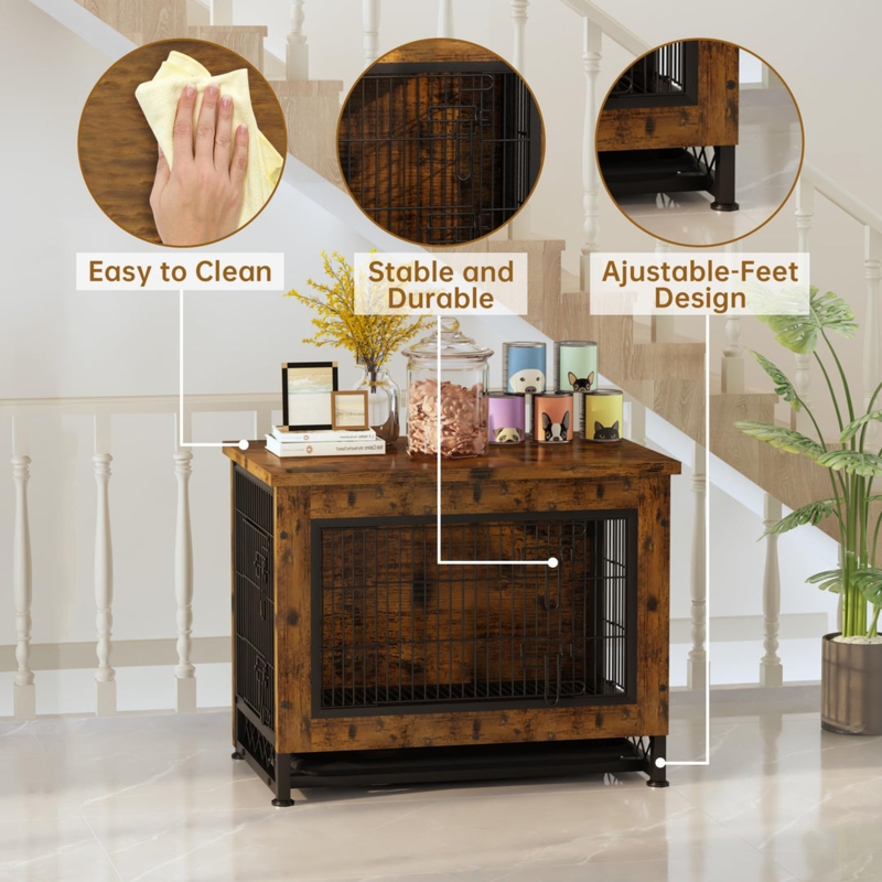 Industrial Dog Crate Furniture with Removable Tray and Adjustable Feet