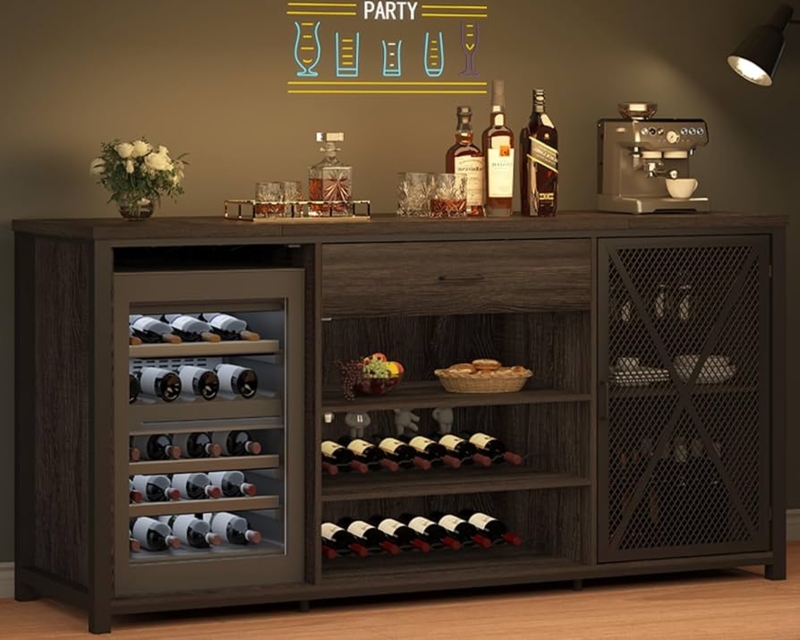 Industrial Farmhouse Bar Cabinet with Mesh Door and Wine Fridge Space