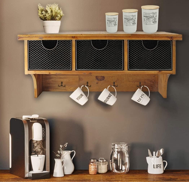 Industrial Farmhouse Coffee Bar Shelf with Wire Mesh Baskets and Hooks
