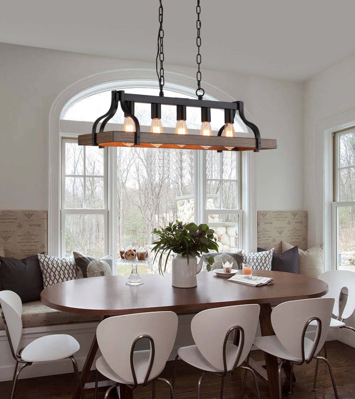 Industrial Farmhouse Linear Chandelier Matte Black and Wood