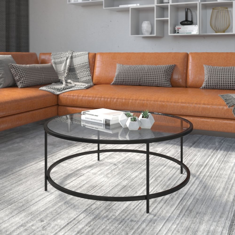 Industrial Glass Coffee Table Matte Black Circular Frame Thin Legs