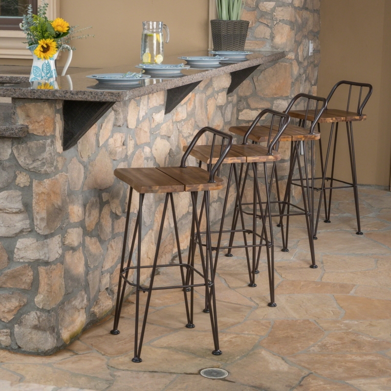 Industrial Hairpin Leg Bar Stools with Acacia Wood Plank Seat