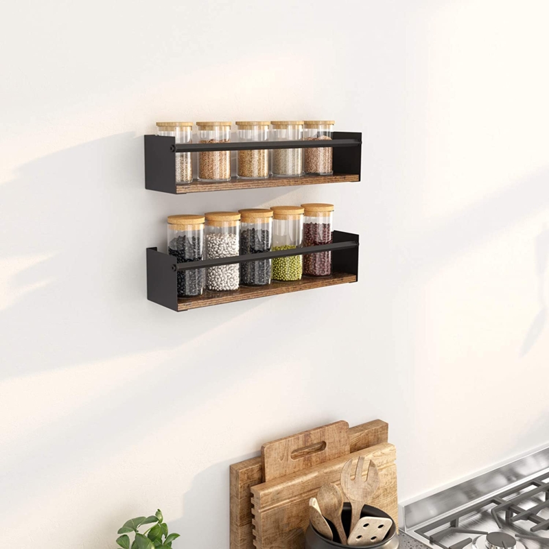 Industrial Kitchen Spice Rack 2-Pack Matte Black Metal Retro Brown Wood