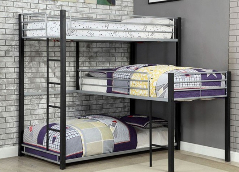 Industrial L-Shaped Triple Bunk Bed Matte Black Metal