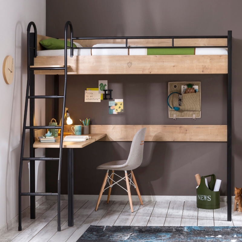 Industrial Loft Bed with Curved Ladder and Matte Black Metal Frame