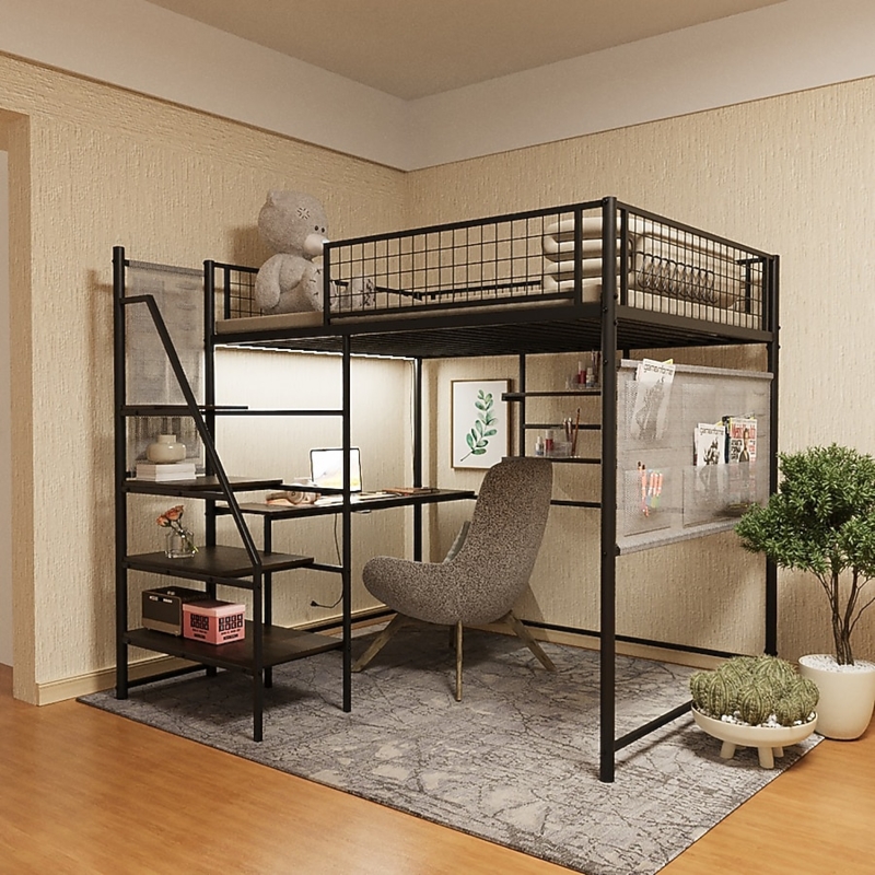 Industrial Matte Black Loft Bunk Bed with Mesh Guardrail