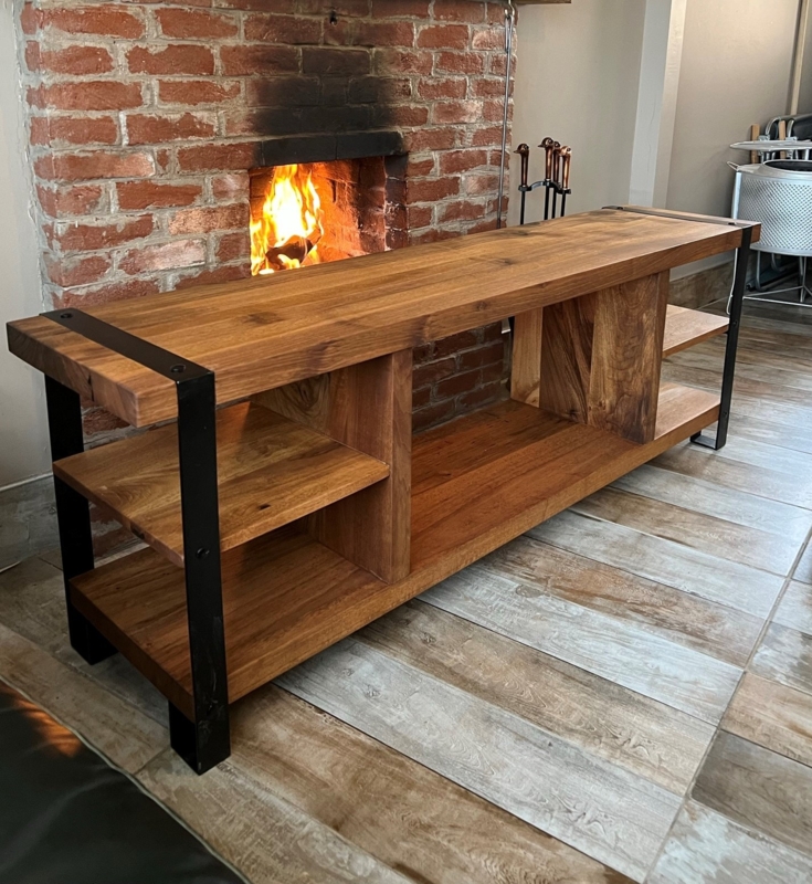Industrial Media Console: Metal Corner Straps & Thick Wood Slabs