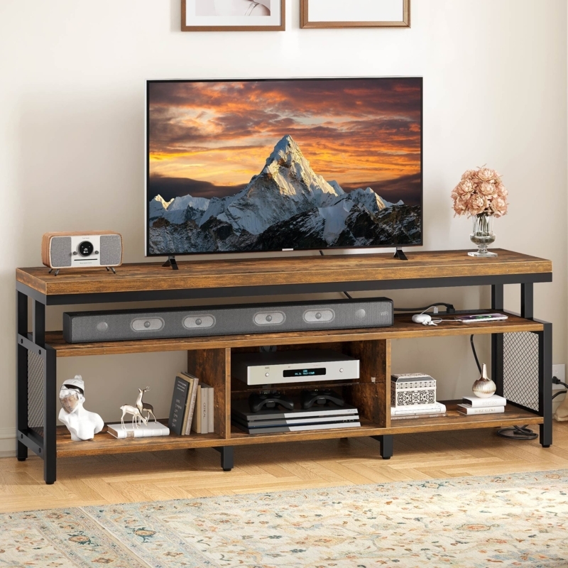 Industrial Media Console with Power Strip, Mesh Side Panels, 3-Tier.