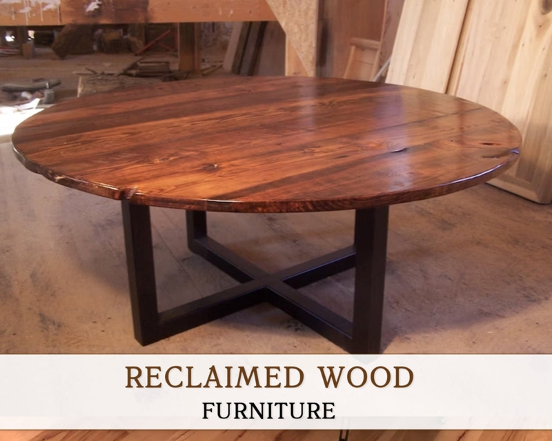 Industrial Metal X-Base Round Coffee Table Planked Top