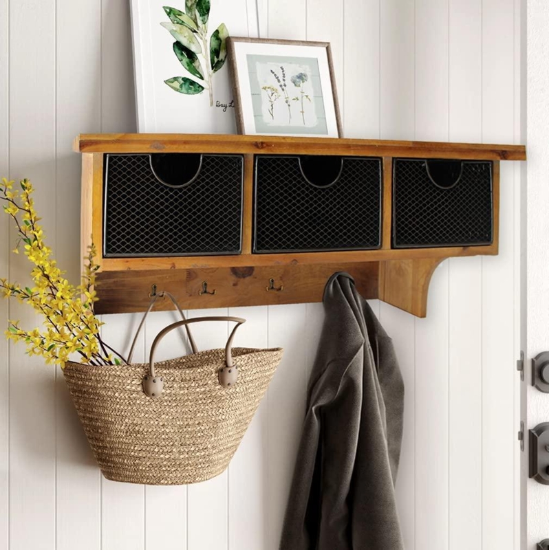 Industrial Modern Wall Shelf with Wire Mesh Drawers and Integrated Hooks