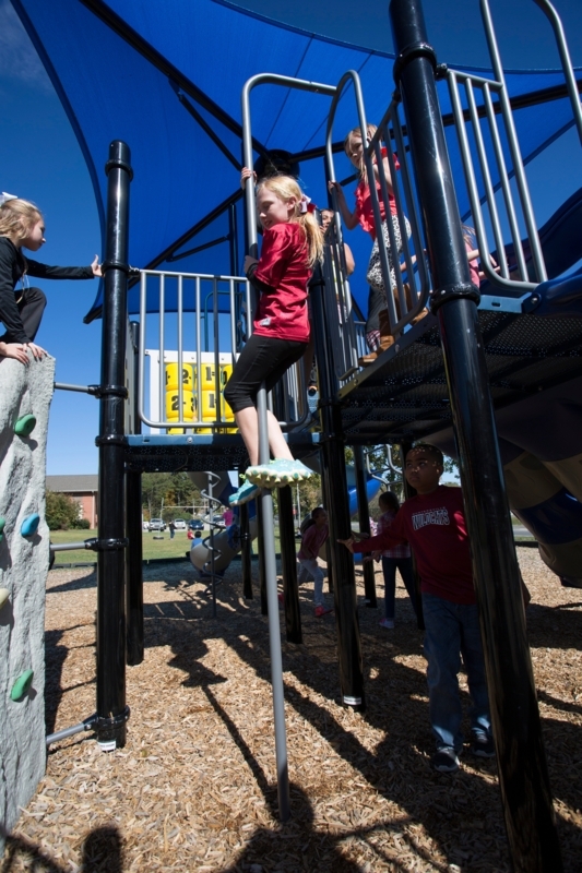 Industrial Playground Equipment with Blue Shade Canopy, Black Posts