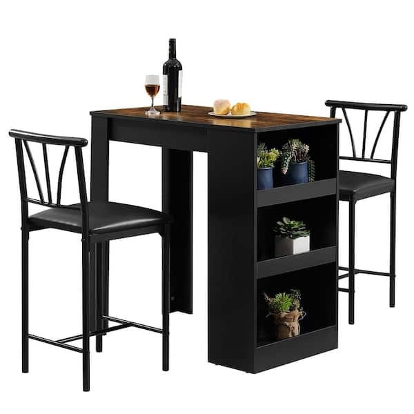 Industrial Pub Table for Two Dark Brown Fan-Back Stools Shelves