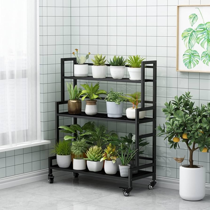 Industrial Rolling Plant Stand with Swivel Casters and Ladder Shelves