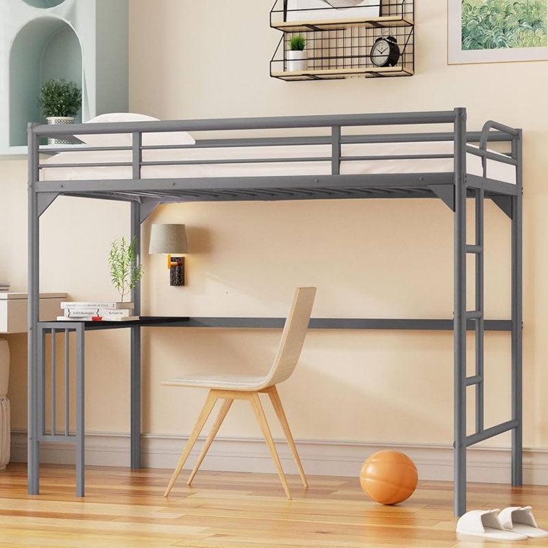Industrial Slate Gray Metal Loft Bed with Desk