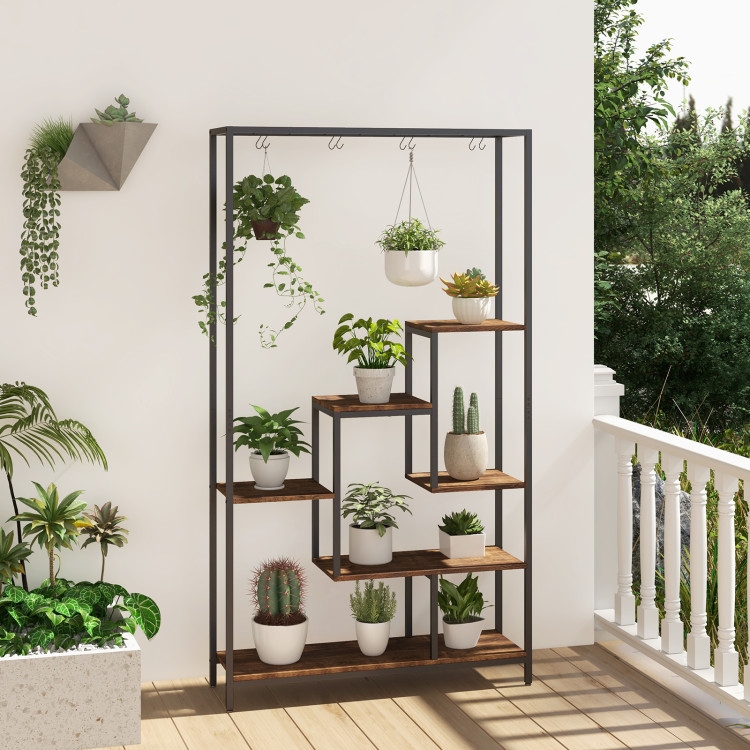 Industrial Tall Plant Stand with Staggered Shelves and Hooks