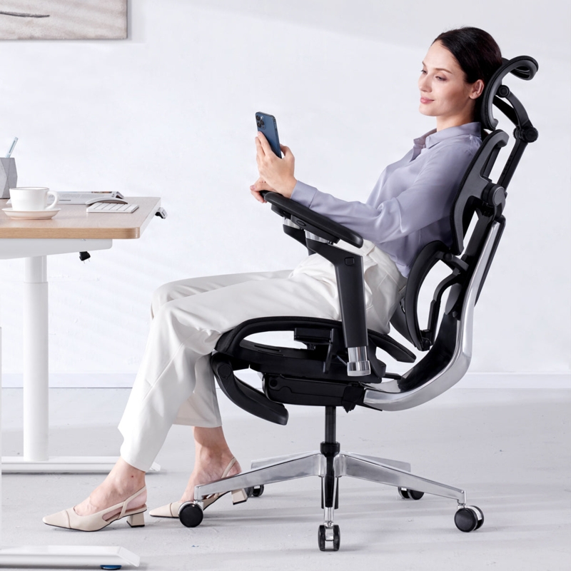 Industrial Tech Chair with Silver Frame and Pivoting Armrests