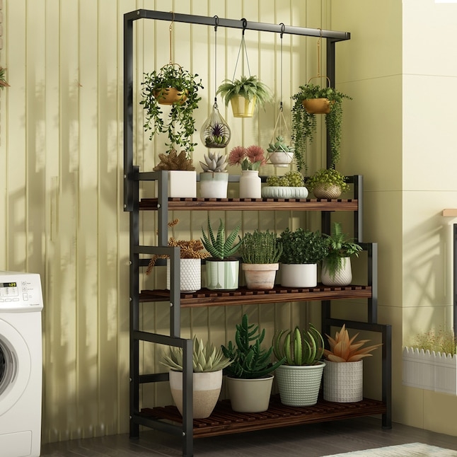 Industrial Tiered Plant Stand with Hanging Bar and Mixed Materials