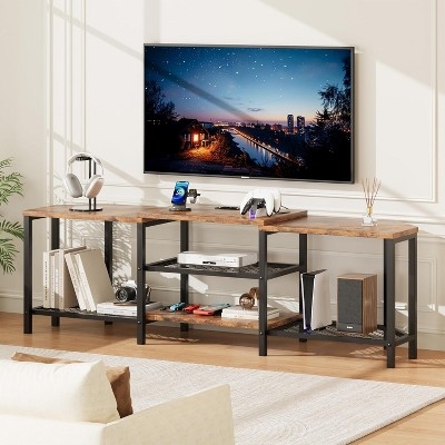 Industrial TV Stand, Staggered Tops, Metal Frame, Open Shelving Unit.