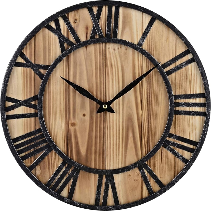 Industrial Wall Clock Planked Wood Dial Distressed Metal Frame