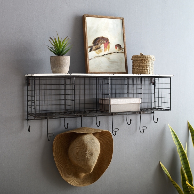 Industrial Wire Cubby Wall Shelf with Distressed White Top and Hooks
