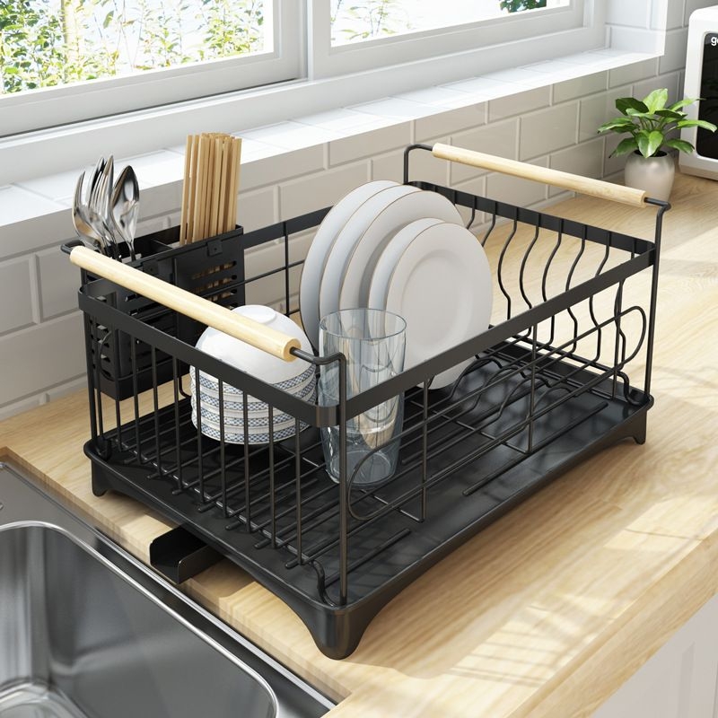 Industrial Wire Dish Rack featuring Wood-Toned Cylinder Handles