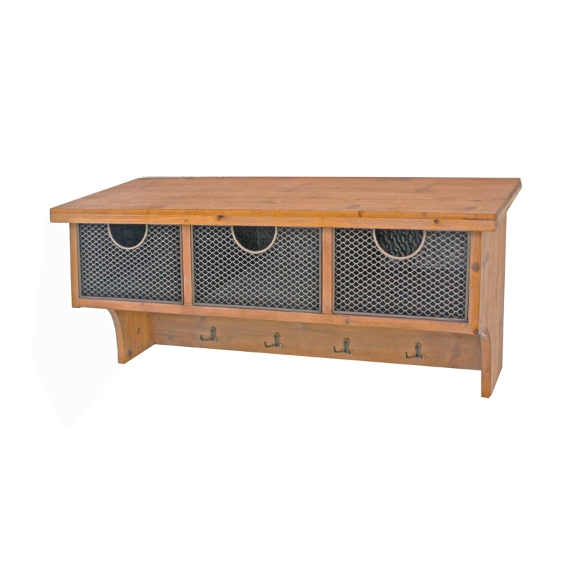 Industrial Wooden Wall Shelf with Four Double Hooks and Wire Mesh Baskets