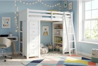 Integrated Dresser Full Size Loft Bed With Bookcase Nook, White Finish