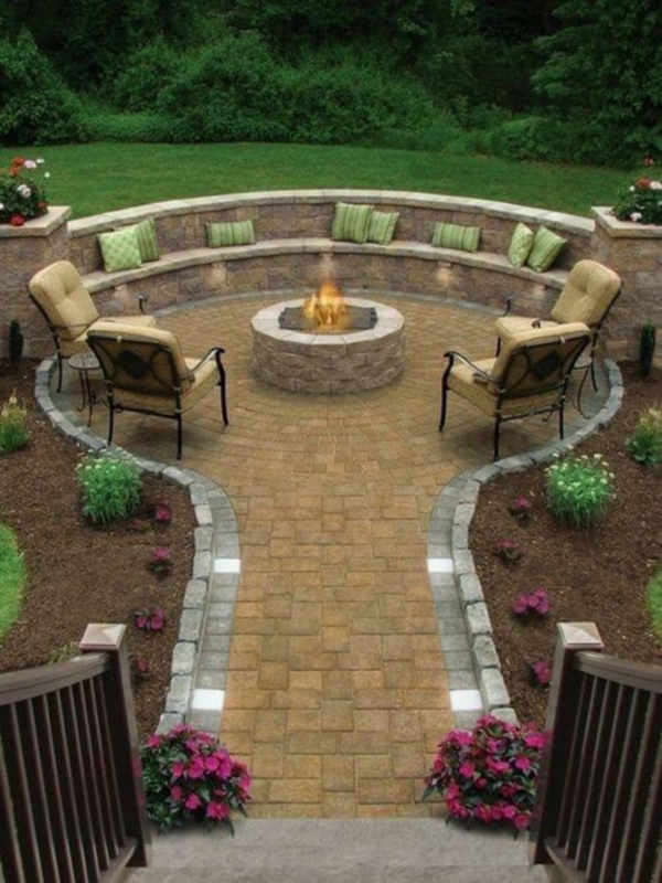 Integrated Walkway Lighting on Curved Stone Bench