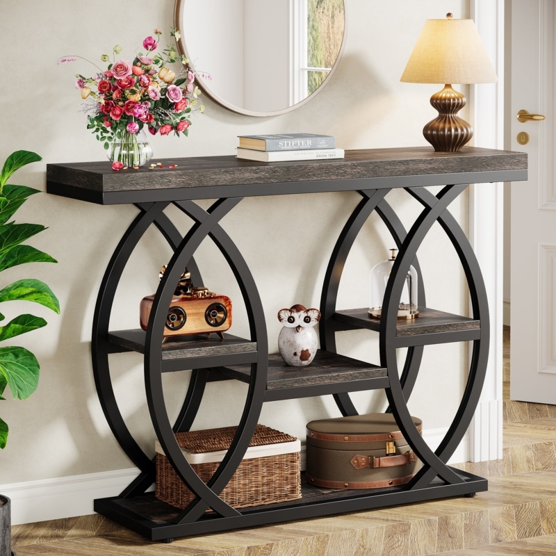 Interlocking Circle Console Table with Staggered Shelves in Gray Finish